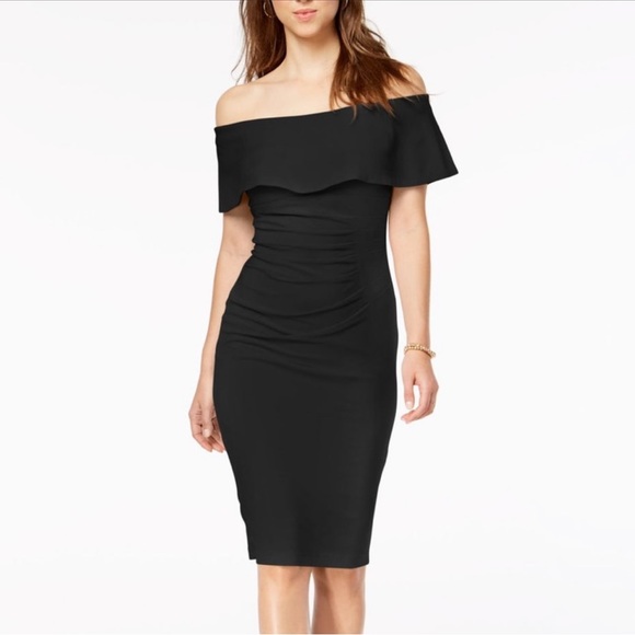 Xscape Dresses Black Ruched Off Shoulder Knee Length Sheathdress